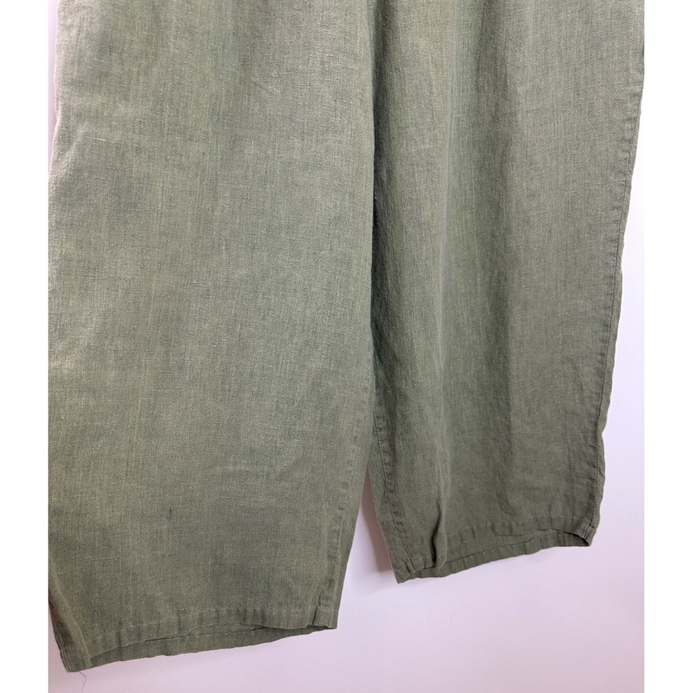 Flax 100% Linen Crop Pants Wide Leg Elastic Waist Faded Green Medium Lagonlook - Picture 7 of 15